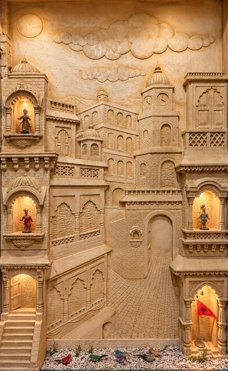 The carved sandstone wall inside Pahnava: an old city of arches, balconies and a clock tower, with lit niches and small figures